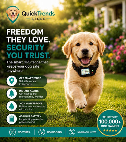 Dog wearing a GPS collar with promotional  QuickTrends Store's smart GPS fence.