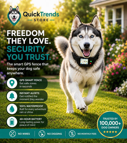 Dog wearing a GPS collar with promotional  QuickTrends Store's dog safety product.
