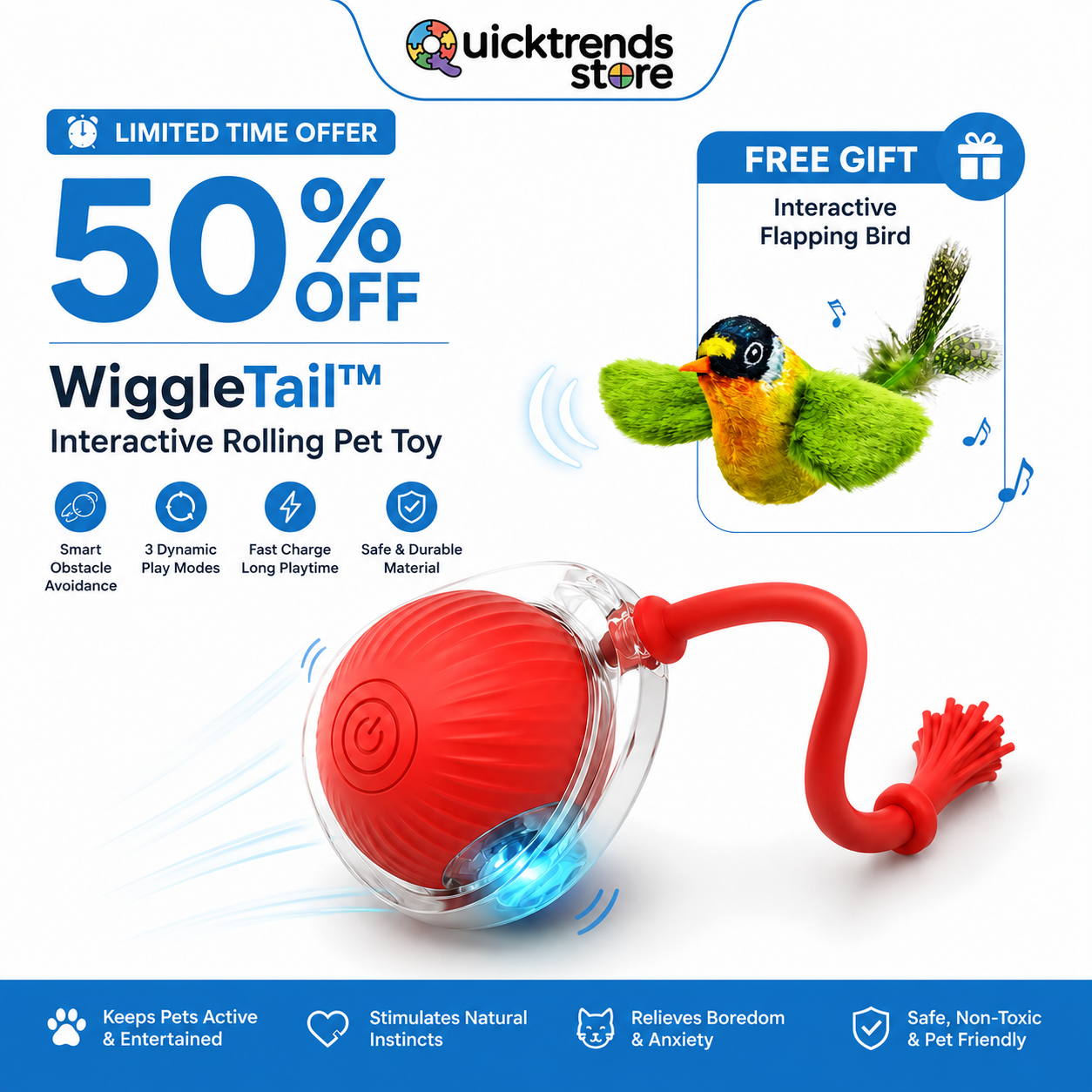 QuickTrends™ WiggleTail™ Interactive Rolling Pet Toy