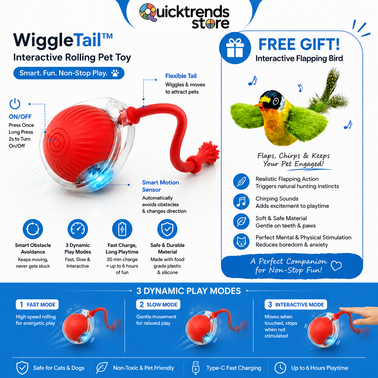 QuickTrends™ WiggleTail™ Interactive Rolling Pet Toy