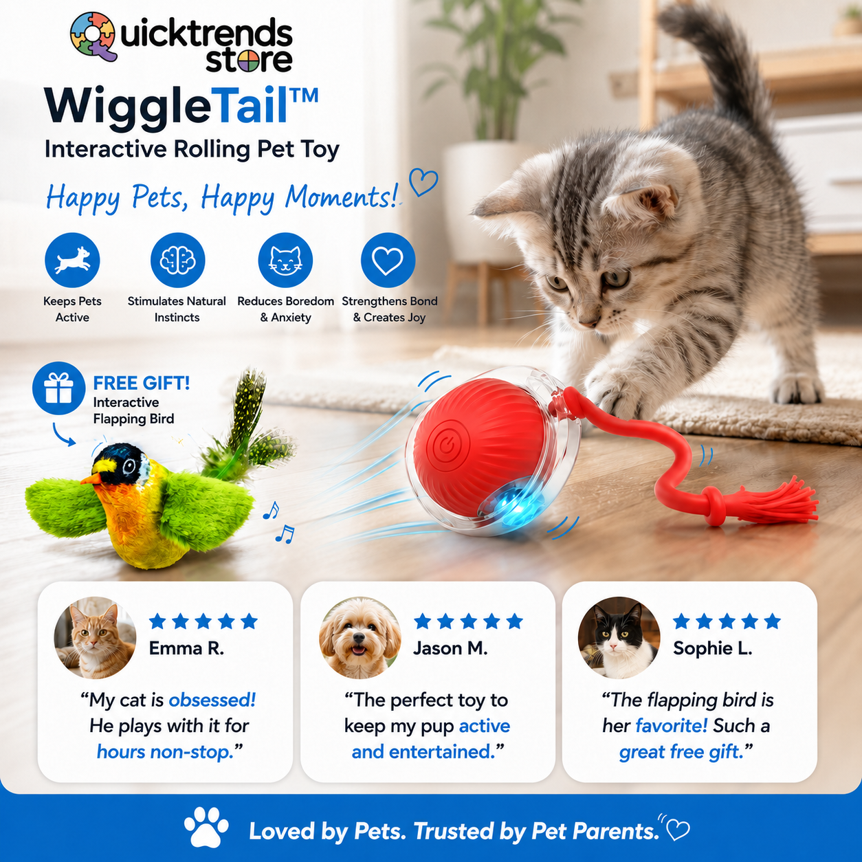 QuickTrends™ WiggleTail™ Interactive Rolling Pet Toy
