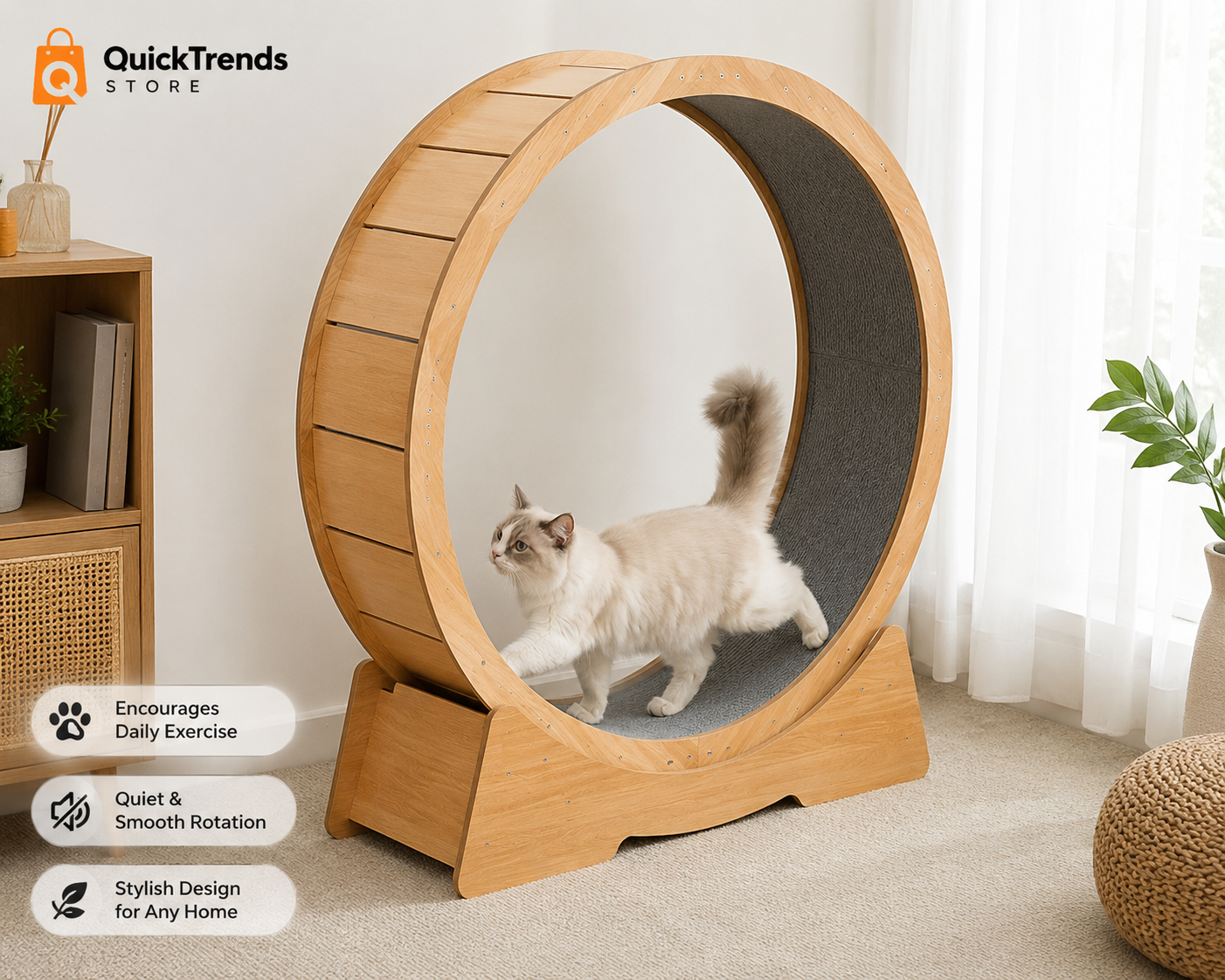 QuickTrends WhisperRun™ Wooden Frame Multi Layer Board Silent Climbing Toy Indoor Pet Exercise Furniture Cat Running Wheel Treadmill
