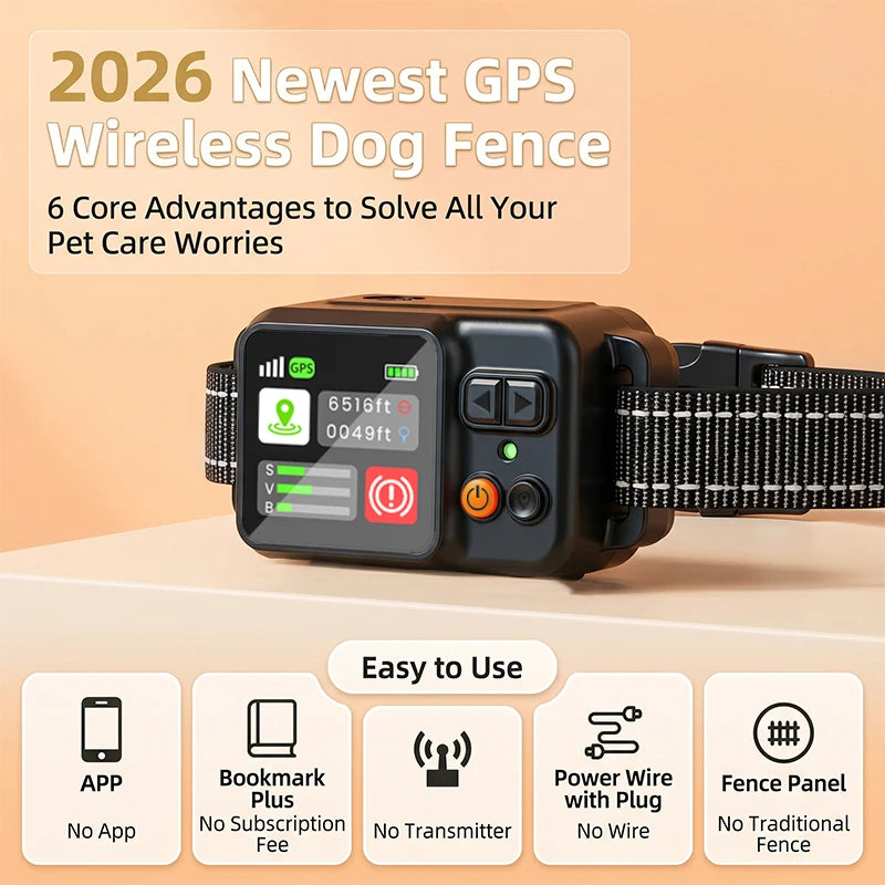 GPS wireless dog fence device with text highlighting features on a beige background