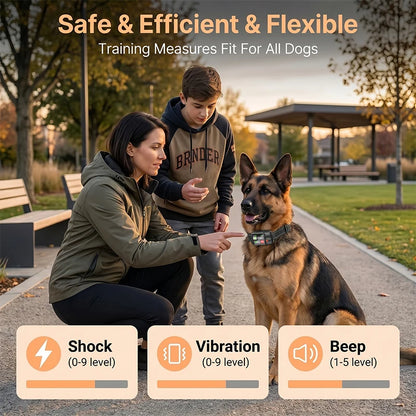 Woman and child training a German Shepherd dog with training measures displayed on screen.