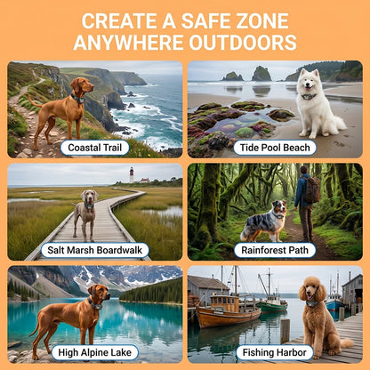 Collage of dogs in various outdoor settings with text 'Create a Safe Zone Anywhere Outdoors'.