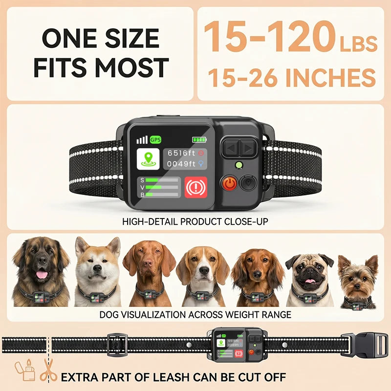 Dog collar with digital display and features, suitable for various dog sizes and breeds.