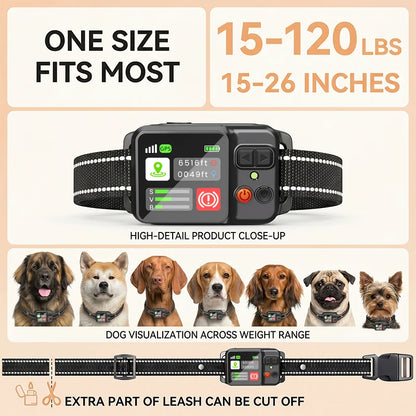 Dog collar with digital display and features, suitable for various dog sizes and breeds.