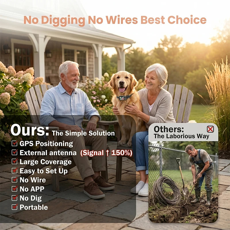 Couple with a dog sitting on a patio, with text highlighting features of a product.